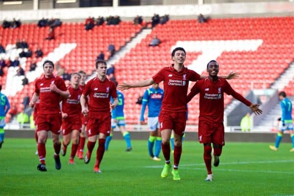 ST HELENS, ENGLAND - Monday, December 10, 2018: Liverpool's Rafael Camacho (R) celebrates scoring the first goal with team-mate Curtis Jones during the UEFA Youth League Group C match between Liverpool FC and SSC Napoli at Langtree Park. (Pic by David Rawcliffe/Propaganda)