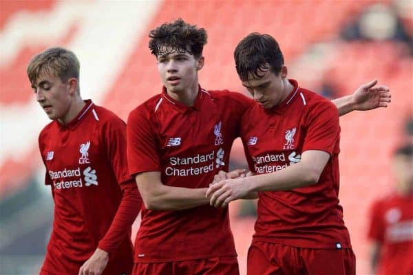 ST HELENS, ENGLAND - Monday, December 10, 2018: Liverpool's Liam Millar (R) celebrates scoring the second goal with team-mate Neco Williams during the UEFA Youth League Group C match between Liverpool FC and SSC Napoli at Langtree Park. (Pic by David Rawcliffe/Propaganda)