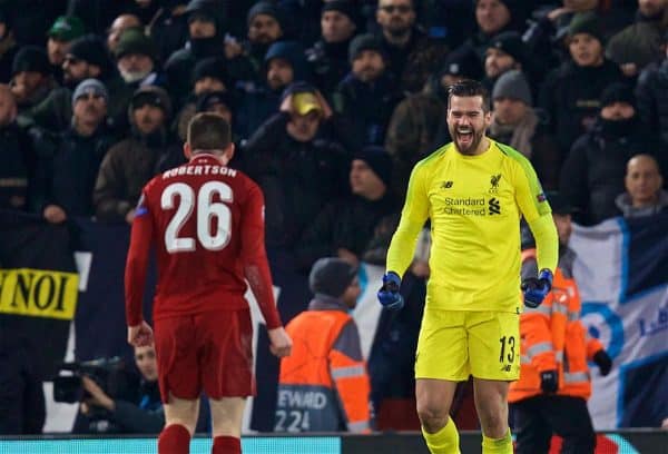 LIVERPOOL, ENGLAND - Tuesday, December 11, 2018: Liverpool's goalkeeper Alisson Becker celebrates after beating SSC Napoli 1-0 and progressing to the knock-out phase during the UEFA Champions League Group C match between Liverpool FC and SSC Napoli at Anfield. (Pic by David Rawcliffe/Propaganda)