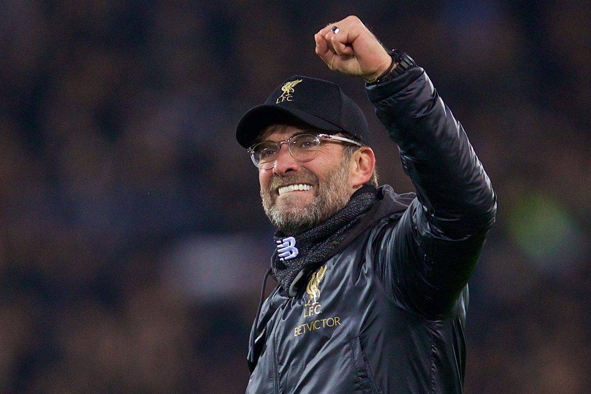 LIVERPOOL, ENGLAND - Tuesday, December 11, 2018: Liverpool's manager J¸rgen Klopp celebrates after beating SSC Napoli 1-0 and progressing to the knock-out phase during the UEFA Champions League Group C match between Liverpool FC and SSC Napoli at Anfield. (Pic by David Rawcliffe/Propaganda)