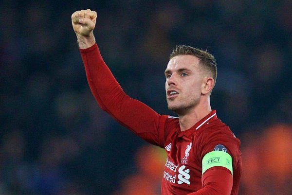 LIVERPOOL, ENGLAND - Tuesday, December 11, 2018: Liverpool's captain Jordan Henderson celebrates after beating SSC Napoli 1-0 and progressing to the knock-out phase during the UEFA Champions League Group C match between Liverpool FC and SSC Napoli at Anfield. (Pic by David Rawcliffe/Propaganda)