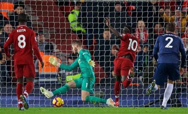 LIVERPOOL, ENGLAND - Sunday, December 16, 2018: Liverpool's Sadio Mane scores the first goal past Manchester United's goalkeeper David de Gea during the FA Premier League match between Liverpool FC and Manchester United FC at Anfield. (Pic by David Rawcliffe/Propaganda)