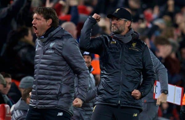 LIVERPOOL, ENGLAND - Sunday, December 16, 2018: Liverpool's manager Jürgen Klopp celebrates the opening goal during the FA Premier League match between Liverpool FC and Manchester United FC at Anfield. (Pic by David Rawcliffe/Propaganda)