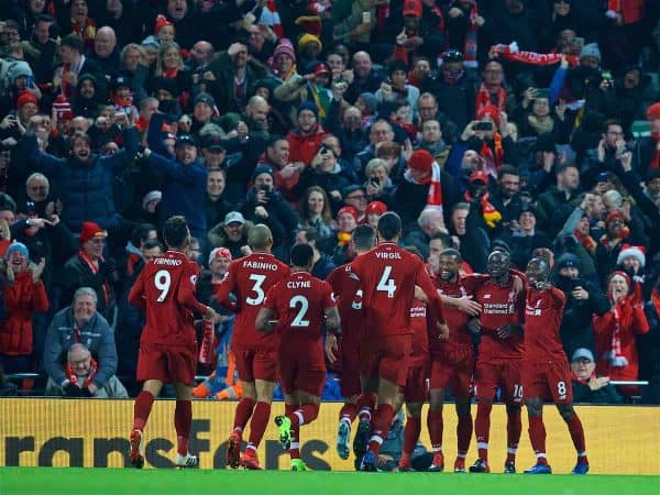 LIVERPOOL, ENGLAND - Sunday, December 16, 2018: Liverpool's Sadio Mane (2nd from R) celebrates scoring the first goal with team-mates during the FA Premier League match between Liverpool FC and Manchester United FC at Anfield. (Pic by David Rawcliffe/Propaganda)