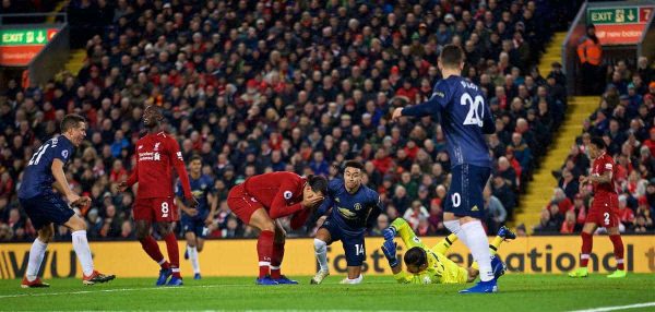 LIVERPOOL, ENGLAND - Sunday, December 16, 2018: Manchester United's Jesse Lingard celebrates scoring the first equalising goal to level the score 1-1 during the FA Premier League match between Liverpool FC and Manchester United FC at Anfield. (Pic by David Rawcliffe/Propaganda)