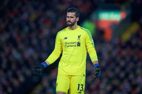 LIVERPOOL, ENGLAND - Sunday, December 16, 2018: Liverpool's goalkeeper Alisson Becker during the FA Premier League match between Liverpool FC and Manchester United FC at Anfield. (Pic by David Rawcliffe/Propaganda)