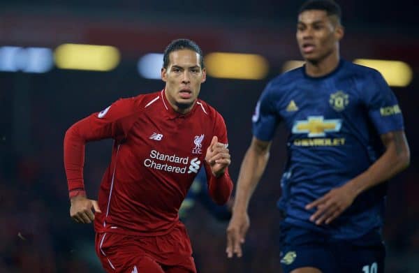 LIVERPOOL, ENGLAND - Sunday, December 16, 2018: Liverpool's Virgil van Dijk during the FA Premier League match between Liverpool FC and Manchester United FC at Anfield. (Pic by David Rawcliffe/Propaganda)