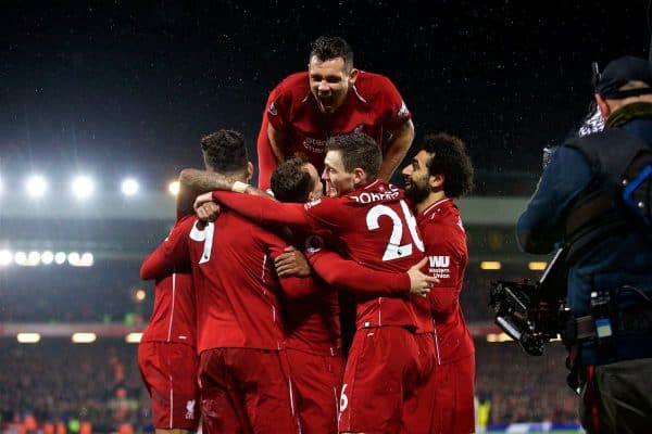 LIVERPOOL, ENGLAND - Sunday, December 16, 2018: Liverpool's Xherdan Shaqiri celebrates scoring the second goal during the FA Premier League match between Liverpool FC and Manchester United FC at Anfield. (Pic by David Rawcliffe/Propaganda)