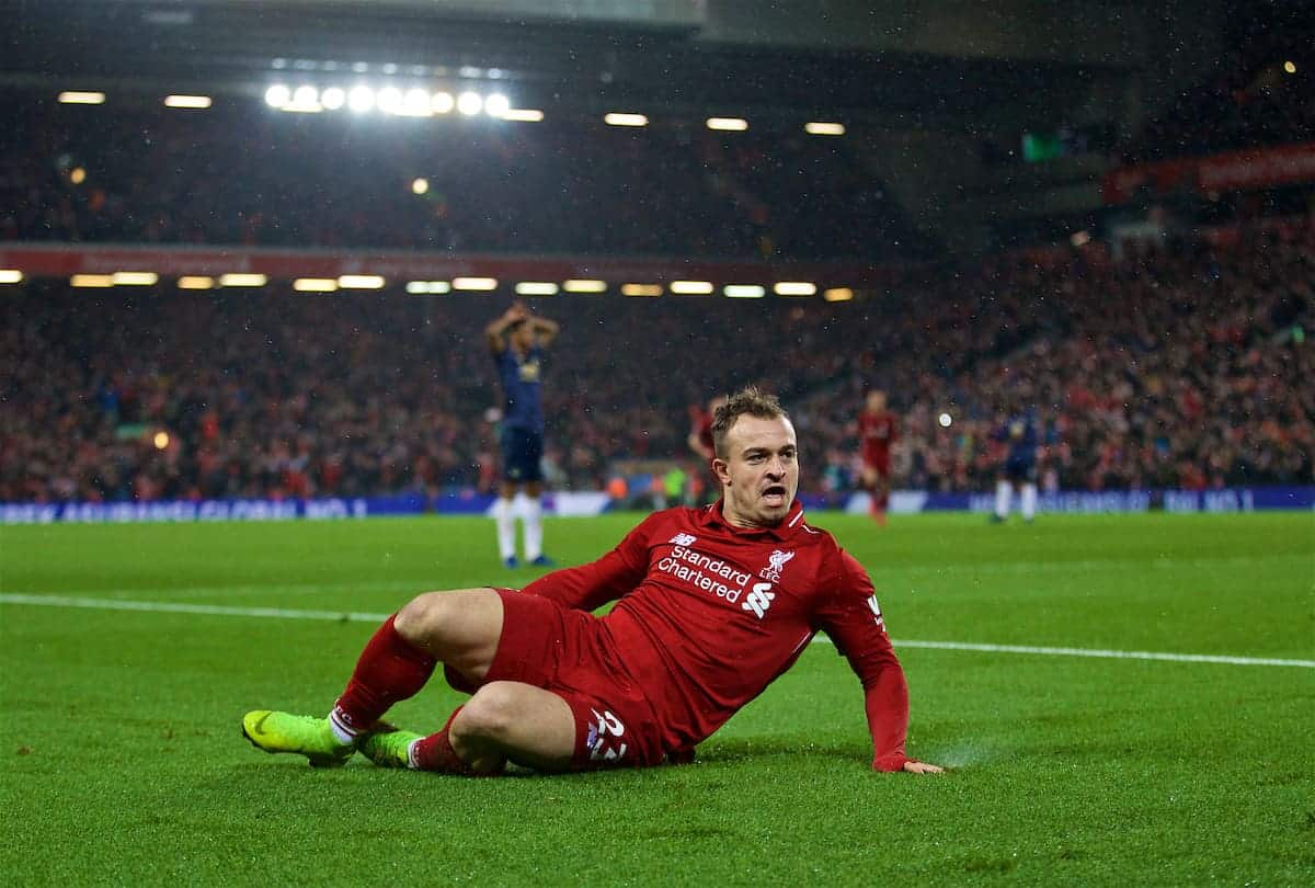 LIVERPOOL, ENGLAND - Sunday, December 16, 2018: Liverpool's Xherdan Shaqiri celebrates scoring the second goal during the FA Premier League match between Liverpool FC and Manchester United FC at Anfield. (Pic by David Rawcliffe/Propaganda)