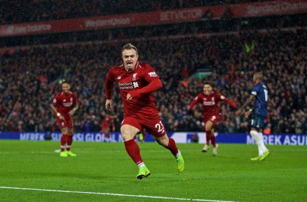 LIVERPOOL, ENGLAND - Sunday, December 16, 2018: Liverpool's Xherdan Shaqiri celebrates scoring the second goal during the FA Premier League match between Liverpool FC and Manchester United FC at Anfield. (Pic by David Rawcliffe/Propaganda)