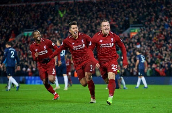 LIVERPOOL, ENGLAND - Sunday, December 16, 2018: Liverpool's 23' celebrates scoring the third goal during the FA Premier League match between Liverpool FC and Manchester United FC at Anfield. (Pic by David Rawcliffe/Propaganda)