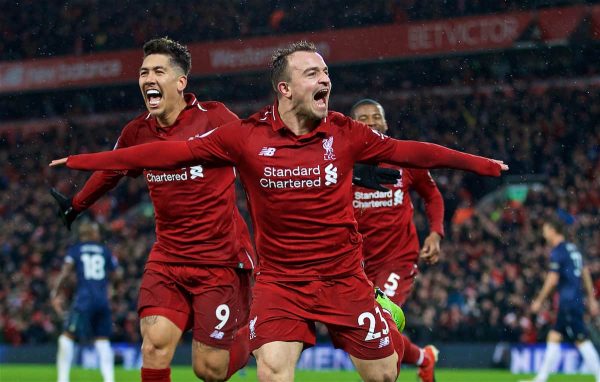 LIVERPOOL, ENGLAND - Sunday, December 16, 2018: Liverpool's 23' celebrates scoring the third goal during the FA Premier League match between Liverpool FC and Manchester United FC at Anfield. (Pic by David Rawcliffe/Propaganda)