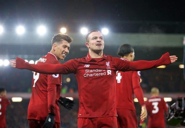 LIVERPOOL, ENGLAND - Sunday, December 16, 2018: Liverpool's 23' celebrates scoring the third goal during the FA Premier League match between Liverpool FC and Manchester United FC at Anfield. (Pic by David Rawcliffe/Propaganda)