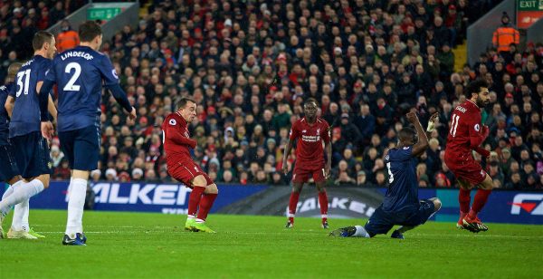 LIVERPOOL, ENGLAND - Sunday, December 16, 2018: Liverpool's Xherdan Shaqiri scores the third goal during the FA Premier League match between Liverpool FC and Manchester United FC at Anfield. (Pic by David Rawcliffe/Propaganda)c