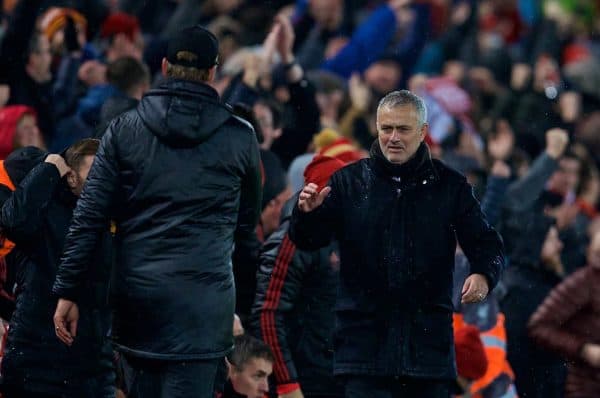 LIVERPOOL, ENGLAND - Sunday, December 16, 2018: Manchester United's manager Jose Mourinho goes to shake hands with Liverpool's manager J¸rgen Klopp after the FA Premier League match between Liverpool FC and Manchester United FC at Anfield. Liverpool won 3-1. (Pic by David Rawcliffe/Propaganda)