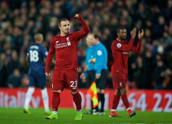 LIVERPOOL, ENGLAND - Sunday, December 16, 2018: Liverpool's two-goal hero Xherdan Shaqiri celebrates after the FA Premier League match between Liverpool FC and Manchester United FC at Anfield. Liverpool won 3-1. (Pic by David Rawcliffe/Propaganda)