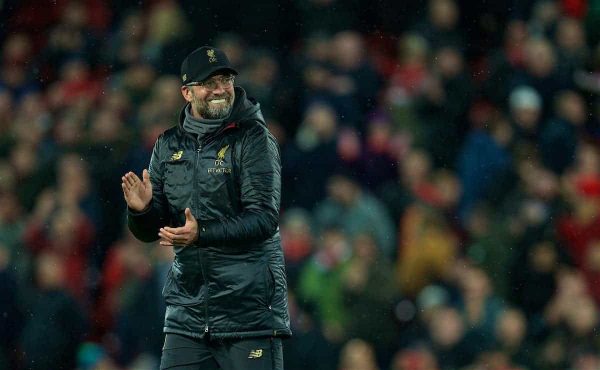 LIVERPOOL, ENGLAND - Sunday, December 16, 2018: Liverpool's manager Jürgen Klopp celebrates after the FA Premier League match between Liverpool FC and Manchester United FC at Anfield. Liverpool won 3-1. (Pic by David Rawcliffe/Propaganda)