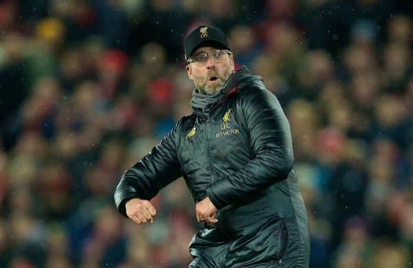 LIVERPOOL, ENGLAND - Sunday, December 16, 2018: Liverpool's manager J¸rgen Klopp celebrates after the FA Premier League match between Liverpool FC and Manchester United FC at Anfield. Liverpool won 3-1. (Pic by David Rawcliffe/Propaganda)