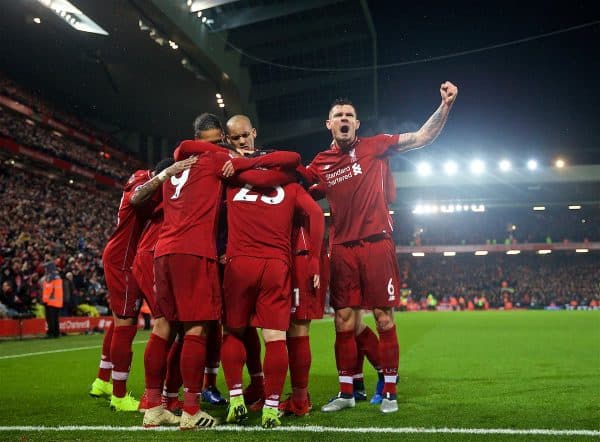 LIVERPOOL, ENGLAND - Sunday, December 16, 2018: Liverpool's Xherdan Shaqiri (#23) celebrates scoring the third goal with team-mates Virgil van Dijk, Fabio Henrique Tavares 'Fabinho' and Dejan Lovren during the FA Premier League match between Liverpool FC and Manchester United FC at Anfield. (Pic by David Rawcliffe/Propaganda)