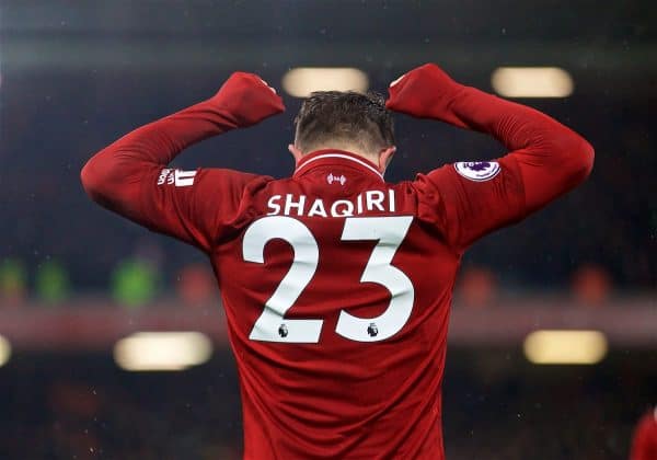 LIVERPOOL, ENGLAND - Sunday, December 16, 2018: Liverpool's Xherdan Shaqiri celebrates scoring the third goal during the FA Premier League match between Liverpool FC and Manchester United FC at Anfield. (Pic by David Rawcliffe/Propaganda)