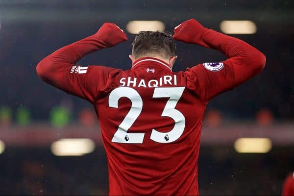 LIVERPOOL, ENGLAND - Sunday, December 16, 2018: Liverpool's Xherdan Shaqiri celebrates scoring the third goal during the FA Premier League match between Liverpool FC and Manchester United FC at Anfield. (Pic by David Rawcliffe/Propaganda)