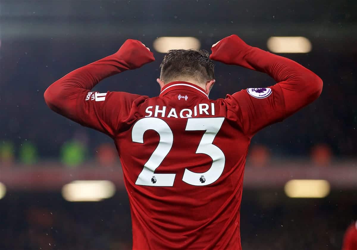 LIVERPOOL, ENGLAND - Sunday, December 16, 2018: Liverpool's Xherdan Shaqiri celebrates scoring the third goal during the FA Premier League match between Liverpool FC and Manchester United FC at Anfield. (Pic by David Rawcliffe/Propaganda)