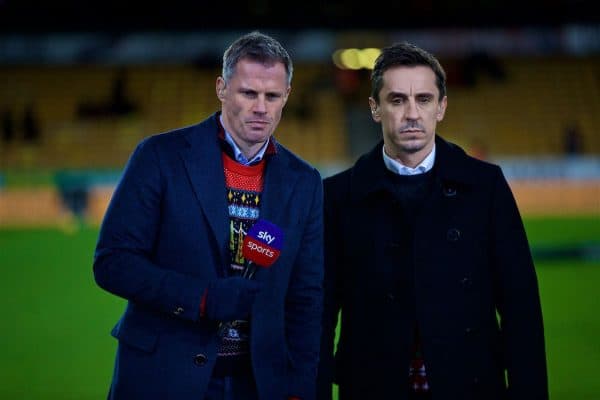 WOLVERHAMPTON, ENGLAND - Friday, December 21, 2018: Former Liverpool player Jamie Carragher and former Manchester United player Gary Neville working for Sky Sports before the FA Premier League match between Wolverhampton Wanderers FC and Liverpool FC at Molineux Stadium. (Pic by David Rawcliffe/Propaganda)