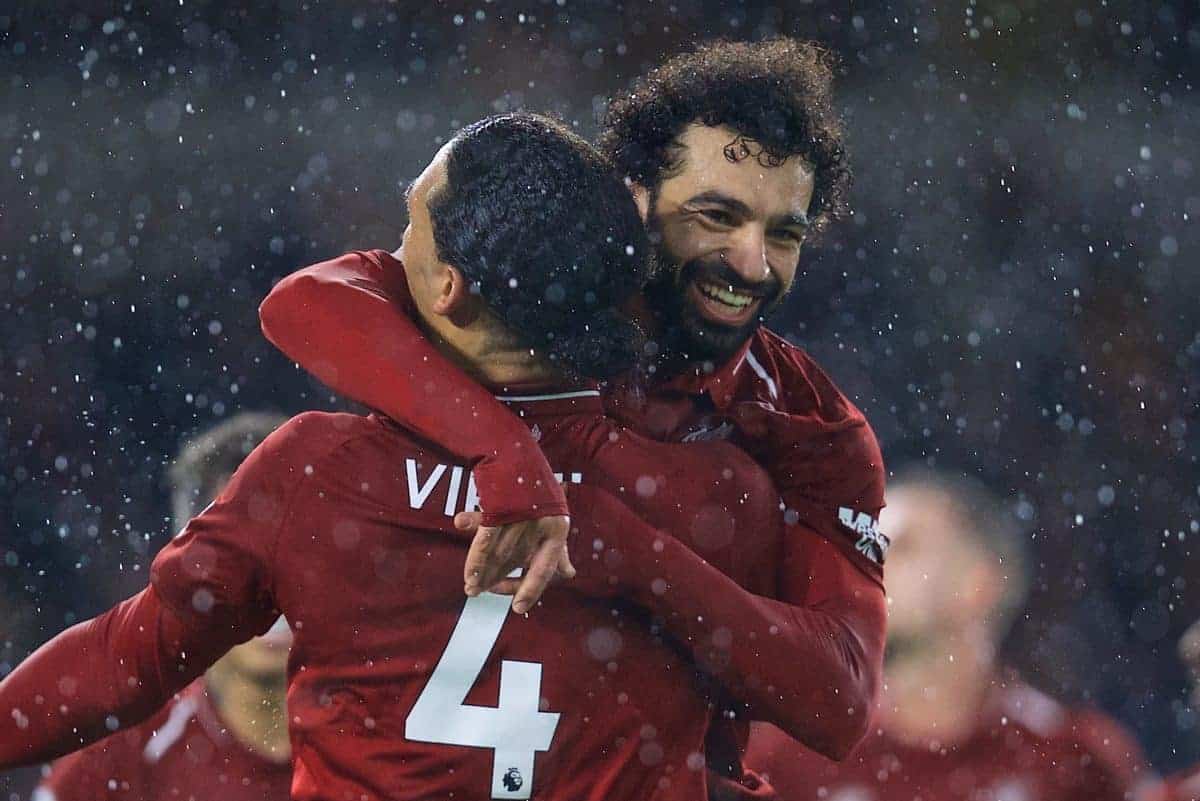 WOLVERHAMPTON, ENGLAND - Friday, December 21, 2018: Liverpool's Mohamed Salah celebrates scoring the first goal during the FA Premier League match between Wolverhampton Wanderers FC and Liverpool FC at Molineux Stadium. (Pic by David Rawcliffe/Propaganda)