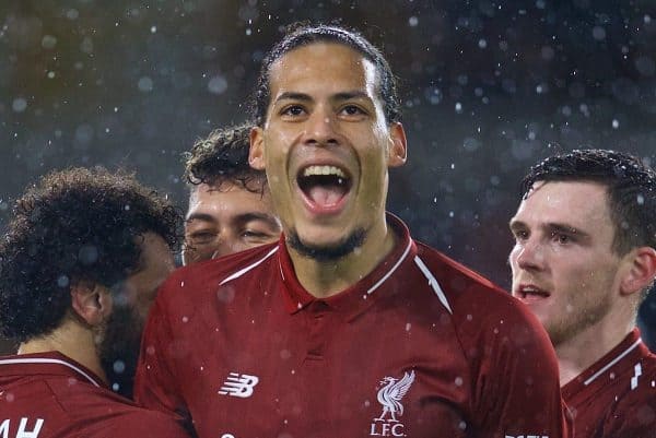 WOLVERHAMPTON, ENGLAND - Friday, December 21, 2018: Liverpool's Mohamed Salah (L) celebrates scoring the first goal with team-mate Virgil van Dijk during the FA Premier League match between Wolverhampton Wanderers FC and Liverpool FC at Molineux Stadium. (Pic by David Rawcliffe/Propaganda)