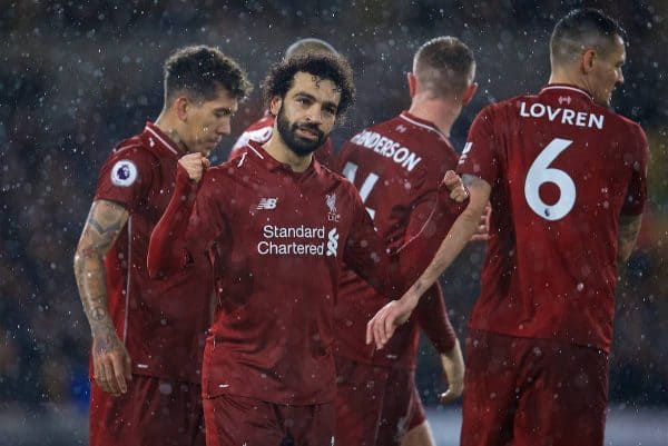 WOLVERHAMPTON, ENGLAND - Friday, December 21, 2018: Liverpool's Mohamed Salah celebrates scoring the first goal during the FA Premier League match between Wolverhampton Wanderers FC and Liverpool FC at Molineux Stadium. (Pic by David Rawcliffe/Propaganda)