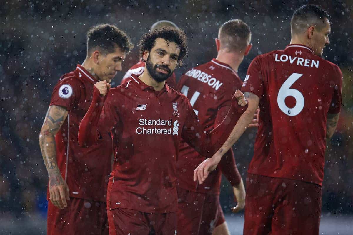 WOLVERHAMPTON, ENGLAND - Friday, December 21, 2018: Liverpool's Mohamed Salah celebrates scoring the first goal during the FA Premier League match between Wolverhampton Wanderers FC and Liverpool FC at Molineux Stadium. (Pic by David Rawcliffe/Propaganda)