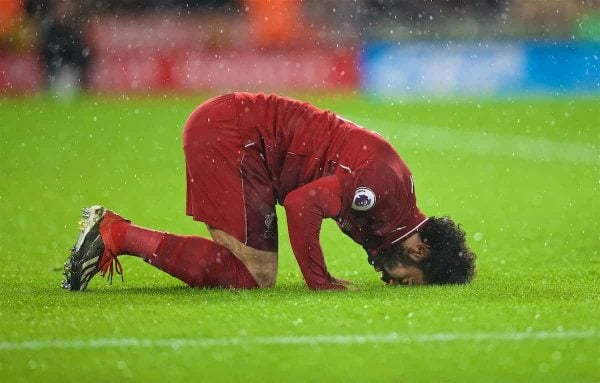 WOLVERHAMPTON, ENGLAND - Friday, December 21, 2018: Liverpool's Mohamed Salah kneels to pray as he celebrates scoring the first goal during the FA Premier League match between Wolverhampton Wanderers FC and Liverpool FC at Molineux Stadium. (Pic by David Rawcliffe/Propaganda)