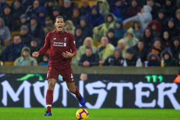 WOLVERHAMPTON, ENGLAND - Friday, December 21, 2018: Monster... Liverpool's Virgil van Dijk during the FA Premier League match between Wolverhampton Wanderers FC and Liverpool FC at Molineux Stadium. (Pic by David Rawcliffe/Propaganda)