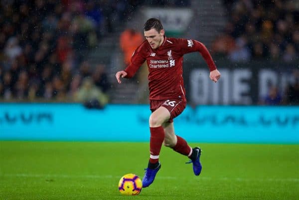 WOLVERHAMPTON, ENGLAND - Friday, December 21, 2018: Liverpool's Andy Robertson during the FA Premier League match between Wolverhampton Wanderers FC and Liverpool FC at Molineux Stadium. (Pic by David Rawcliffe/Propaganda)