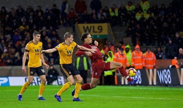 WOLVERHAMPTON, ENGLAND - Friday, December 21, 2018: Liverpool's Virgil van Dijk scores the second goal during the FA Premier League match between Wolverhampton Wanderers FC and Liverpool FC at Molineux Stadium. (Pic by David Rawcliffe/Propaganda)