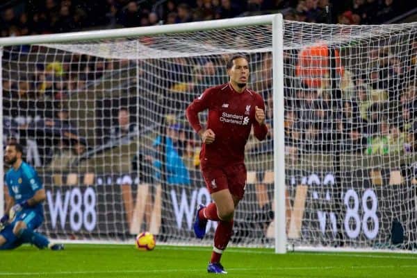 WOLVERHAMPTON, ENGLAND - Friday, December 21, 2018: Liverpool's Virgil van Dijk celebrates scoring the second goal during the FA Premier League match between Wolverhampton Wanderers FC and Liverpool FC at Molineux Stadium. (Pic by David Rawcliffe/Propaganda)