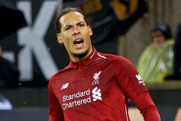 WOLVERHAMPTON, ENGLAND - Friday, December 21, 2018: Liverpool's Virgil van Dijk celebrates scoring the second goal during the FA Premier League match between Wolverhampton Wanderers FC and Liverpool FC at Molineux Stadium. (Pic by David Rawcliffe/Propaganda)