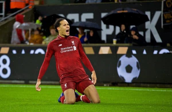 WOLVERHAMPTON, ENGLAND - Friday, December 21, 2018: Liverpool's Virgil van Dijk celebrates scoring the second goal during the FA Premier League match between Wolverhampton Wanderers FC and Liverpool FC at Molineux Stadium. (Pic by David Rawcliffe/Propaganda)