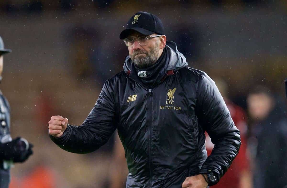 WOLVERHAMPTON, ENGLAND - Friday, December 21, 2018: Liverpool's manager J¸rgen Klopp celebrates after beating Wolverhampton Wanderers 2-0 during the FA Premier League match between Wolverhampton Wanderers FC and Liverpool FC at Molineux Stadium. (Pic by David Rawcliffe/Propaganda)
