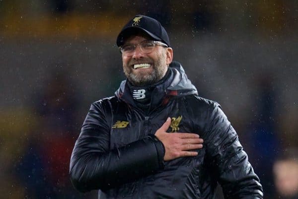 WOLVERHAMPTON, ENGLAND - Friday, December 21, 2018: Liverpool's manager J¸rgen Klopp celebrates after beating Wolverhampton Wanderers 2-0 during the FA Premier League match between Wolverhampton Wanderers FC and Liverpool FC at Molineux Stadium. (Pic by David Rawcliffe/Propaganda)