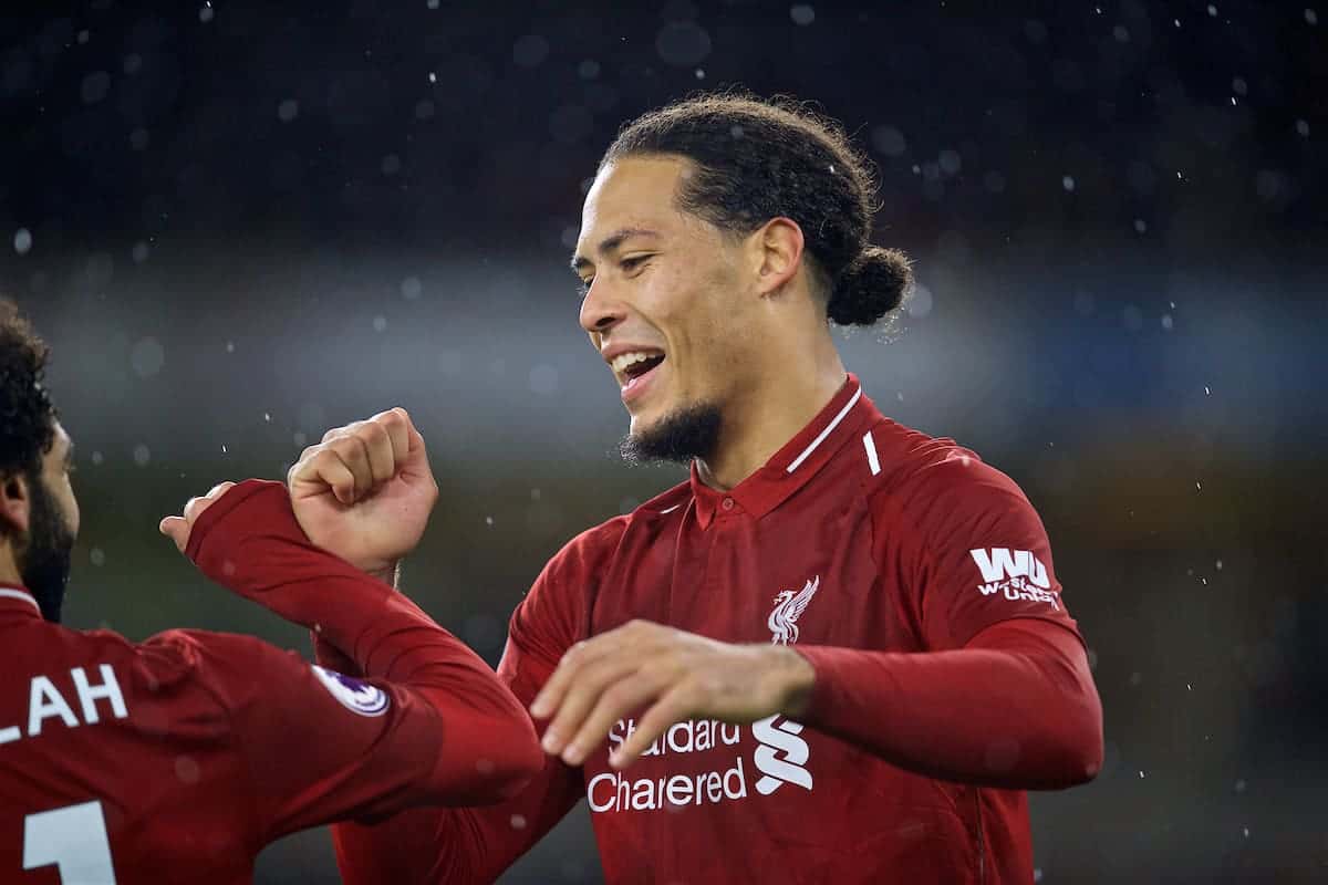 WOLVERHAMPTON, ENGLAND - Friday, December 21, 2018: Liverpool's Virgil van Dijk celebrates scoring the second goal during the FA Premier League match between Wolverhampton Wanderers FC and Liverpool FC at Molineux Stadium. (Pic by David Rawcliffe/Propaganda)