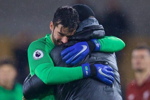 WOLVERHAMPTON, ENGLAND - Friday, December 21, 2018: Liverpool's goalkeeper Alisson Becker and manager J¸rgen Klopp embrace after the FA Premier League match between Wolverhampton Wanderers FC and Liverpool FC at Molineux Stadium. Liverpool won 2-0. (Pic by David Rawcliffe/Propaganda)