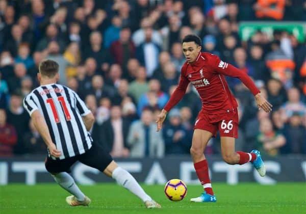 LIVERPOOL, ENGLAND - Boxing Day, Wednesday, December 26, 2018: Liverpool's Trent Alexander-Arnold during the FA Premier League match between Liverpool FC and Newcastle United FC at Anfield. (Pic by David Rawcliffe/Propaganda)