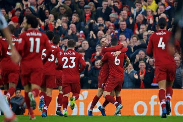 LIVERPOOL, ENGLAND - Boxing Day, Wednesday, December 26, 2018: Liverpool's Dejan Lovren celebrates scoring the first goal during the FA Premier League match between Liverpool FC and Newcastle United FC at Anfield. (Pic by David Rawcliffe/Propaganda)