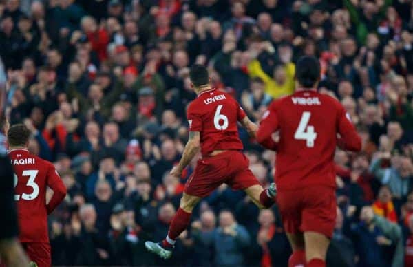 LIVERPOOL, ENGLAND - Boxing Day, Wednesday, December 26, 2018: Liverpool's Dejan Lovren celebrates scoring the first goal during the FA Premier League match between Liverpool FC and Newcastle United FC at Anfield. (Pic by David Rawcliffe/Propaganda)