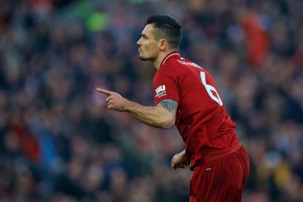 LIVERPOOL, ENGLAND - Boxing Day, Wednesday, December 26, 2018: Liverpool's Dejan Lovren celebrates scoring the first goal during the FA Premier League match between Liverpool FC and Newcastle United FC at Anfield. (Pic by David Rawcliffe/Propaganda)