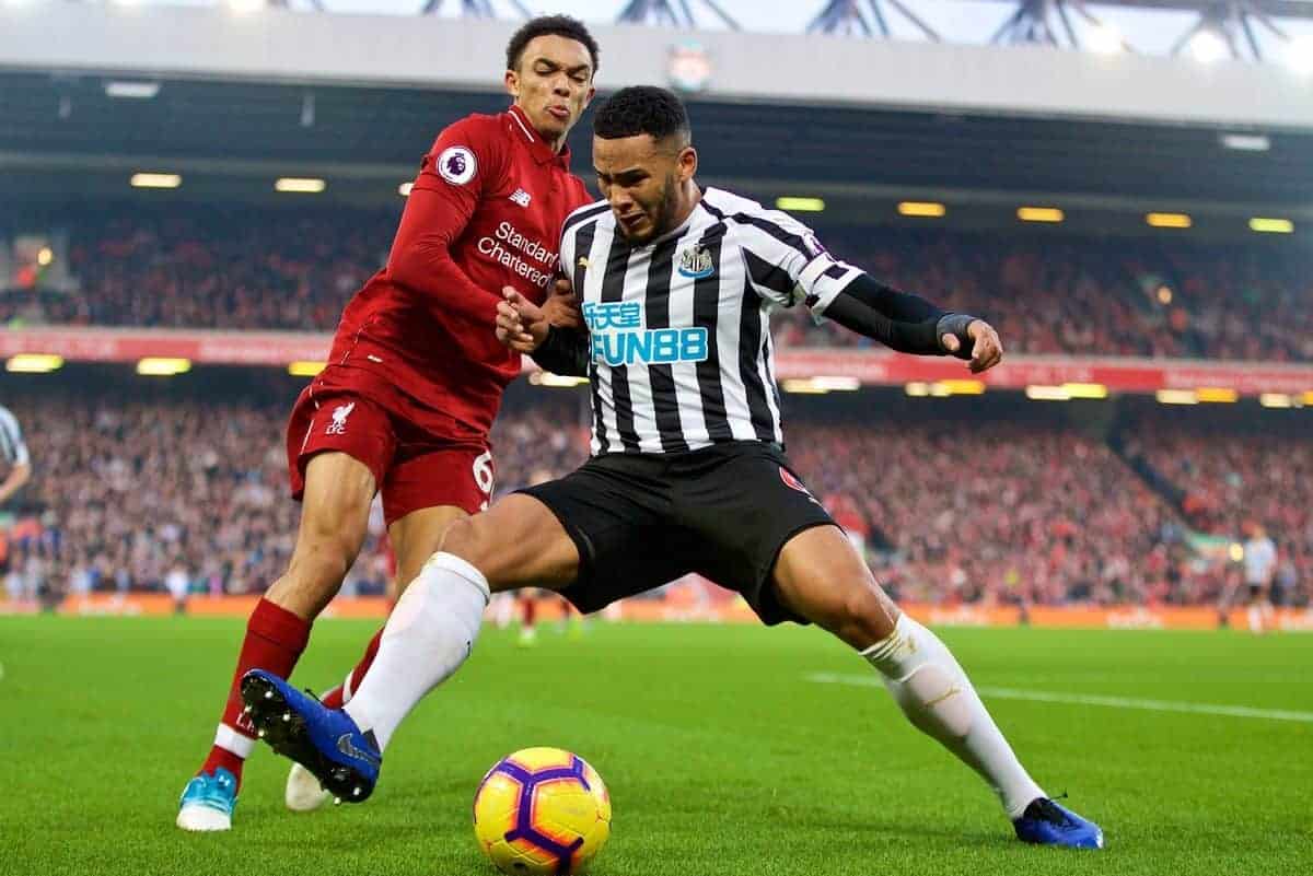 LIVERPOOL, ENGLAND - Boxing Day, Wednesday, December 26, 2018: Liverpool's Trent Alexander-Arnold (L) and Newcastle United's captain Jamaal Lascelles during the FA Premier League match between Liverpool FC and Newcastle United FC at Anfield. (Pic by David Rawcliffe/Propaganda)