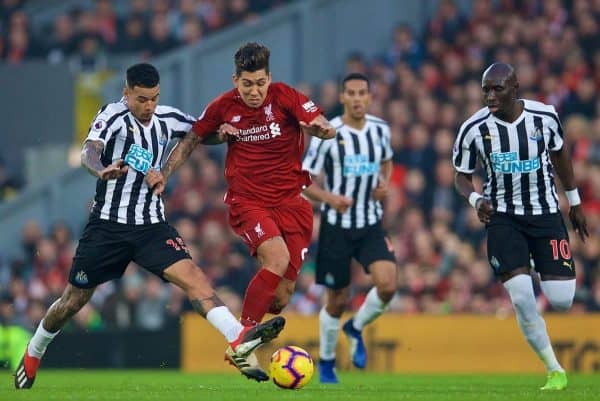 LIVERPOOL, ENGLAND - Boxing Day, Wednesday, December 26, 2018: Liverpool's Roberto Firmino during the FA Premier League match between Liverpool FC and Newcastle United FC at Anfield. (Pic by David Rawcliffe/Propaganda)