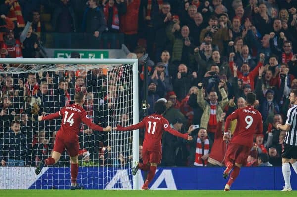 LIVERPOOL, ENGLAND - Boxing Day, Wednesday, December 26, 2018: Liverpool's Mohamed Salah celebrates scoring the second goal, from a penalty kick, during the FA Premier League match between Liverpool FC and Newcastle United FC at Anfield. (Pic by David Rawcliffe/Propaganda)