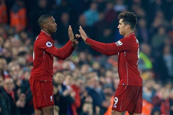 LIVERPOOL, ENGLAND - Boxing Day, Wednesday, December 26, 2018: Liverpool's Roberto Firmino walks off dejected as he is substituted for Daniel Sturridge during the FA Premier League match between Liverpool FC and Newcastle United FC at Anfield. (Pic by David Rawcliffe/Propaganda)